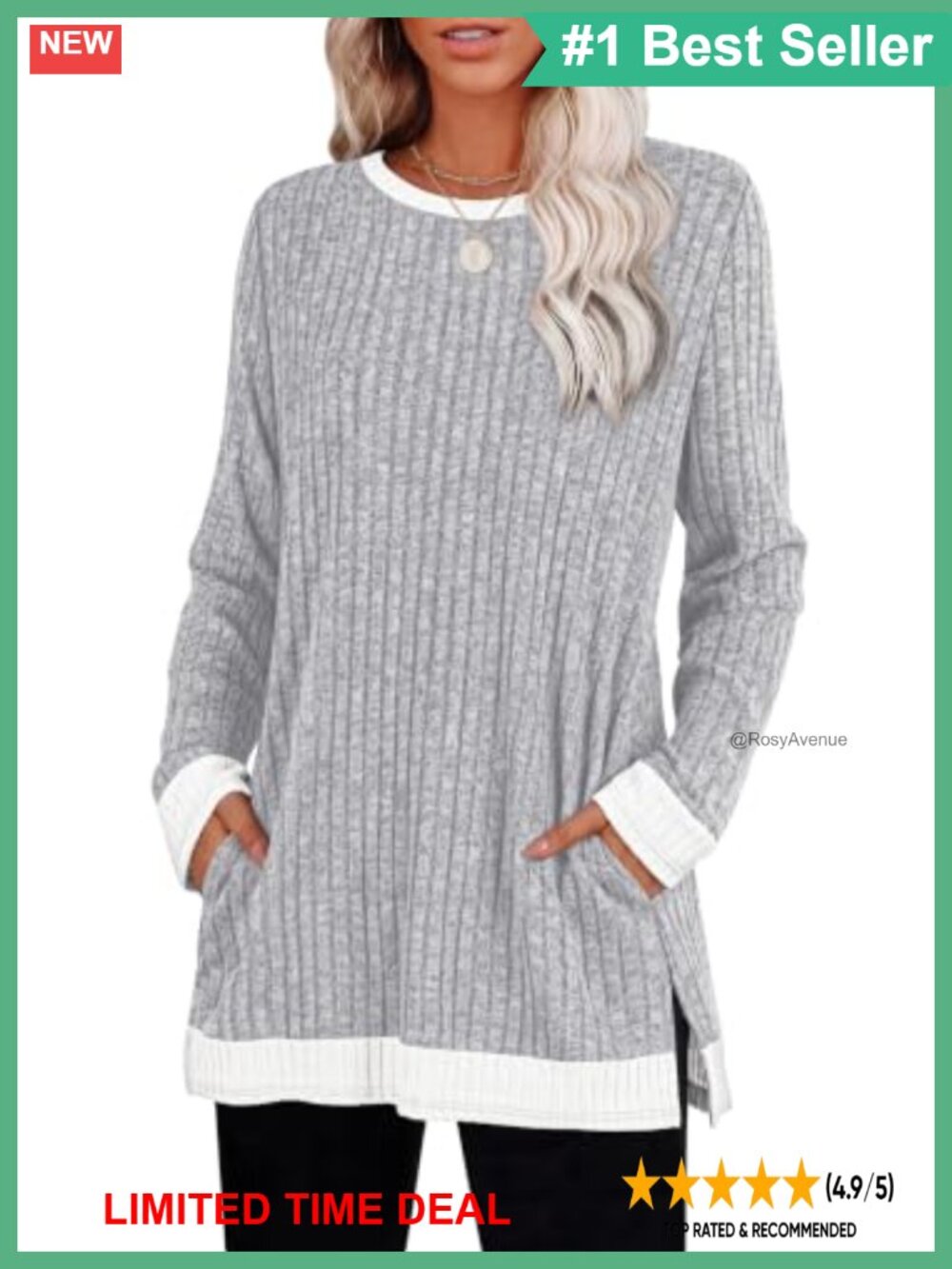 Long Sleeve Tunic Sweater Crewneck Side Slit Pockets Casual